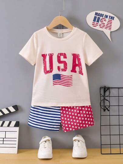 SHEIN Young Boy American Style Printed T-Shirt And Shorts 2pcs/Set