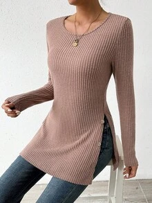 SHEIN Essnce 側開叉紐扣純色羅紋針織 T 卹 - 卡其色 - 查看 6