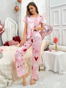 Women's Milk Silk Pajama Set With Heart Print - Pink - View 4