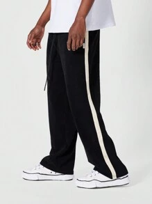 SUMWON 天鹅绒阔腿运动裤宽松版型运动休闲裤，带侧条纹运动裤，休闲街头服饰，冬季舒适裤 - 黑色 - 查看 1