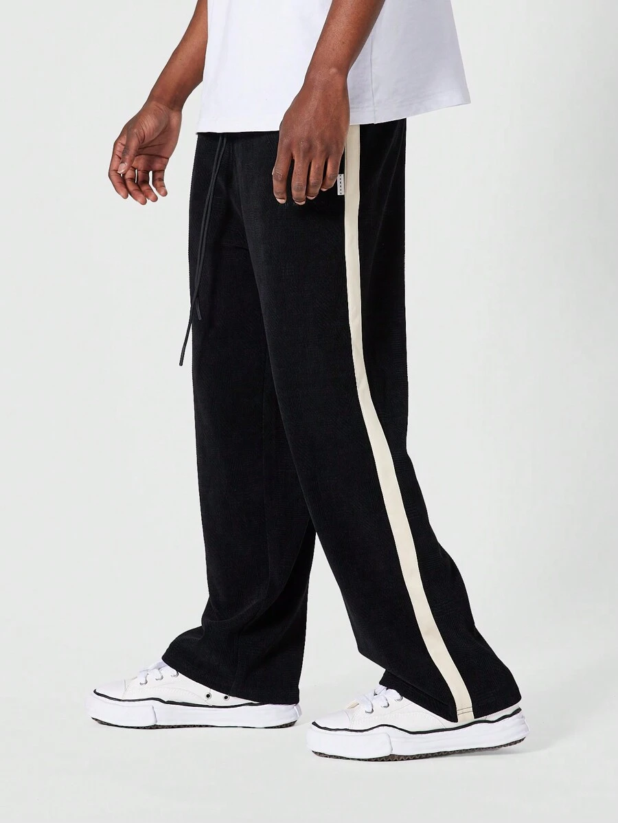 SUMWON 天鹅绒阔腿运动裤宽松版型运动休闲裤，带侧条纹运动裤，休闲街头服饰，冬季舒适裤 - 黑色 - 查看 1