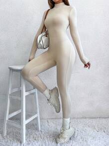 SHEIN Unity 純色小立領長袖連身褲 - 杏色 - 查看 6