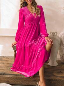 Hoa hồng Quây Cổ chữ V Tay áo lồng đèn Bọc Xếp li Xù Hoa Sen Nhung Buổi tiệc Tối Đầm tiệc rượu - Màu Hồng Tươi - Xem 5