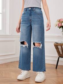 Teen Girl'S Casual Low Rise Wide Leg Jeans With Distressed Detailing - Medium Wash - View 1