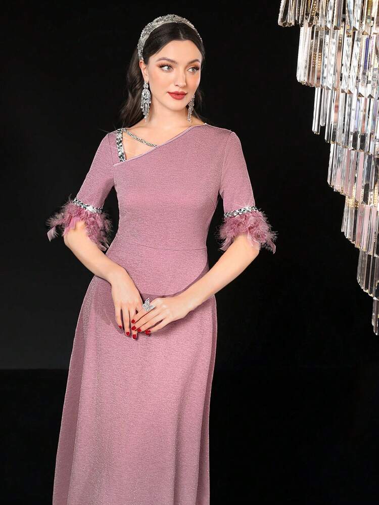 Women's Asymmetrical Neckline Contrast Sequins Rhinestone Embellished Arab Style Feather Patchwork Dress,Elegant Evening Party Dress
