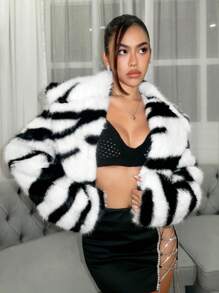 SHEIN ICON Women'S Plush Navy Style Coat - Black and White - View 6