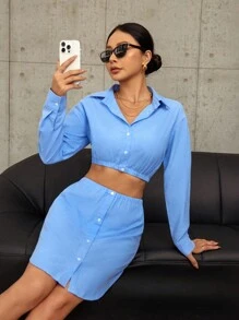 GENKIRA Conjunto de 2 piezas de camisa corta y falda de unicolor para mujer - Azul - Ver 6