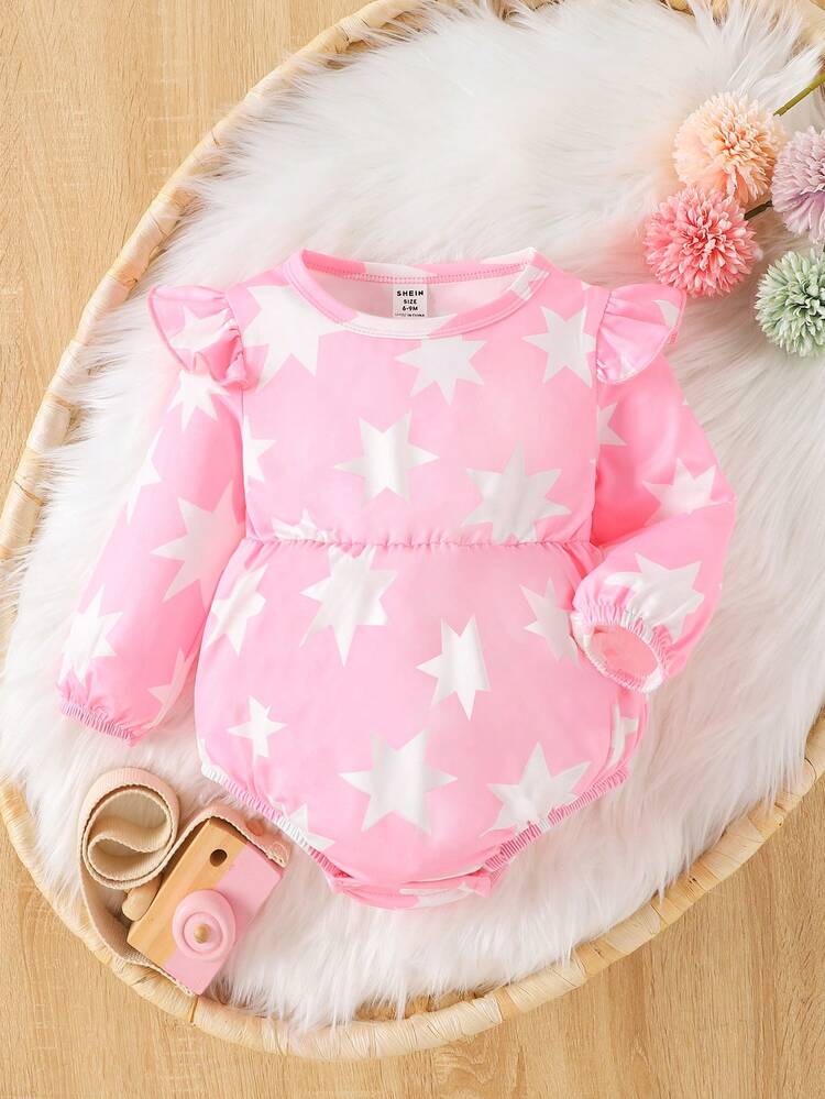 Baby Girls' Pink Star Pattern Printed Bodysuit For Everyday Casual Wear In Autumn And Winter