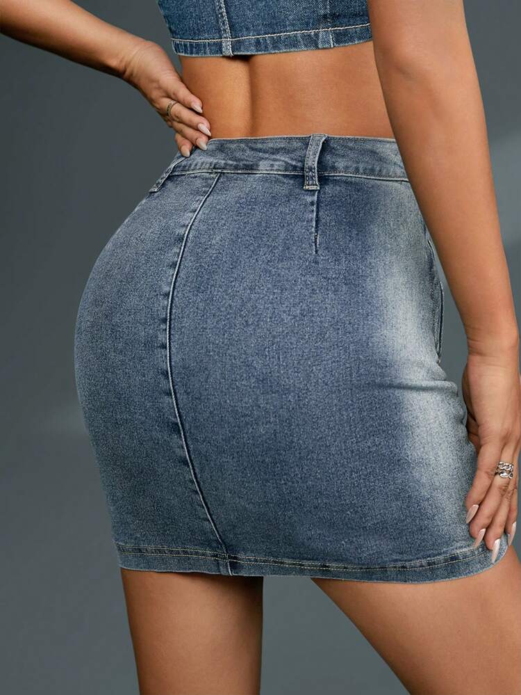 Asymmetrical Hemline Washed Denim Skirt