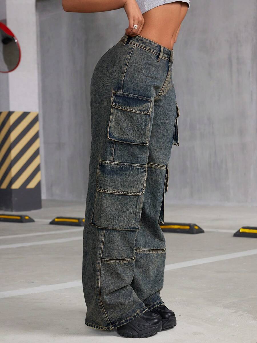 SHEIN Tall Quần jean rộng thùng thình phong cách retro dành cho nữ - Rửa tối - Xem 1