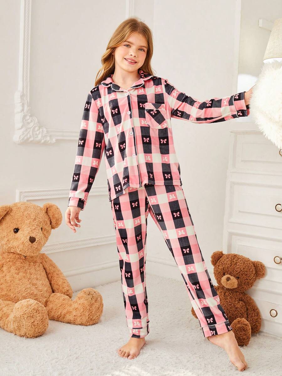SHEIN Giường đôi In Cô gái Tween Tay áo dài Và Quần Nhà  Mặc Bộ - Hồng - Xem 1