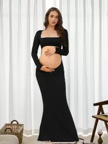 Maternity Slim Backless Dresses Pregnancy Cut Out Square Neck Maxi Gowns For Photoshoot Baby Shower With Long Sleeve