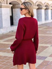 EURMUSE Của phụ nữ Tay áo lồng đèn Viền xếp Đầm Áo len - Màu Đỏ Sâu - Xem 2