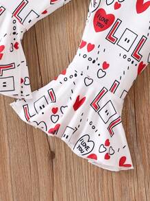 Baby Girl Long Sleeve T-Shirt With Slogan & Heart Print And Bell-Bottoms Pants Set - Red - View 8