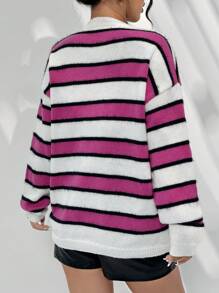 Flirla Women'S Color Block Striped Drop Shoulder Sweater