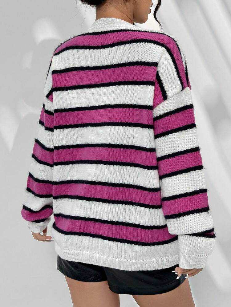 Women's Color Block Striped Drop Shoulder Knit Pullover Fall Winter Sweater