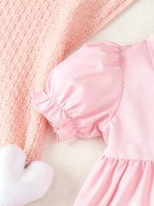 Baby Girls' Pink Puff Sleeve Shirt With Heart-Shaped Print Flare Pants Set For Spring And Summer - Multicolor - View 3