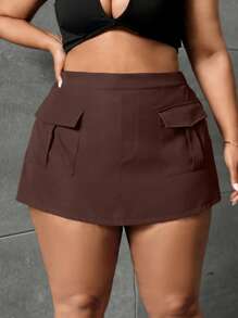 SHEIN SXY 大尺碼純色裙褲帶翻蓋口袋 - 咖啡棕 - 查看 4