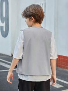 男童休閒純色針織背心外套,帶拉鍊和口袋 - 灰色 - 查看 2