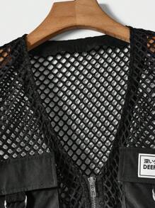 Manfinity BRENVOR Men's Patched Detailed Black Fishnet Vest For Summer, Plain Vintage Urban Cargo Vest - Multicolor - View 3