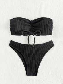 Strapless & Drawstring Two-Piece Bikini Set Summer Beach - Black - View 4