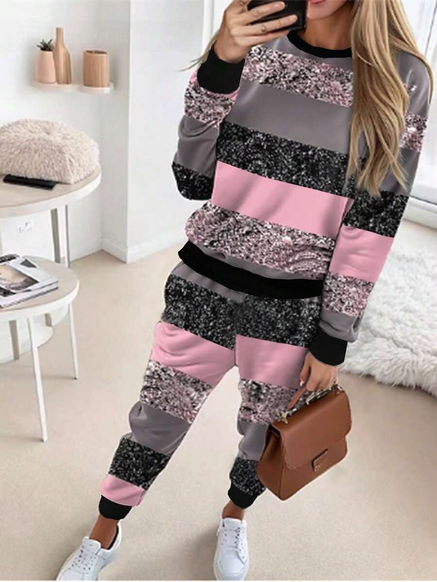 SHEIN LUNE Pattern Printed Color Block Sweatshirt And Sweatpants Set - Multicolor - View 1