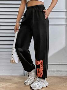 SHEIN Unity Quần nỉ lót nhiệt dành cho nữ có thiết kế in chữ - màu đen - Xem 4