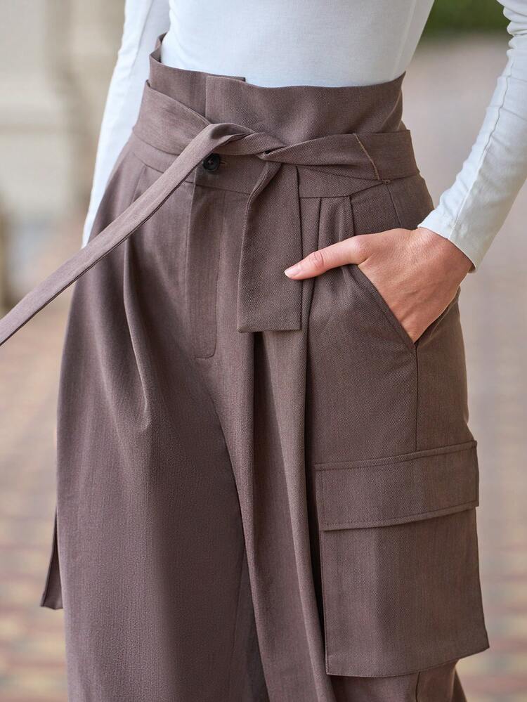 Solid Color Belted Cargo Trousers