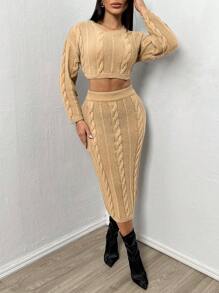 Zolique Conjunto De Suéter De Punto Retorcido De Hombro Caído De Color Sólido Para Mujer - Caqui - Ver 1