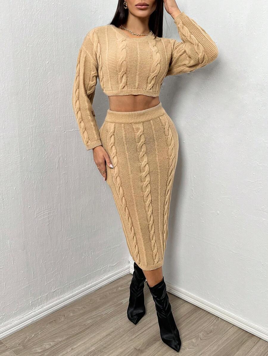 Zolique Women'S Solid Color Drop Shoulder Twist Knitted Sweater Set - Khaki - View 1