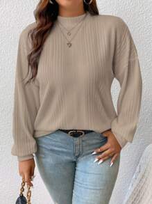 SHEIN Frenchy Plus Mock Neck Drop Shoulder Ribbed Knit Tee - Khaki - View 5