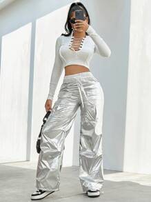 街頭口袋前拉繩金屬貨物降落傘褲