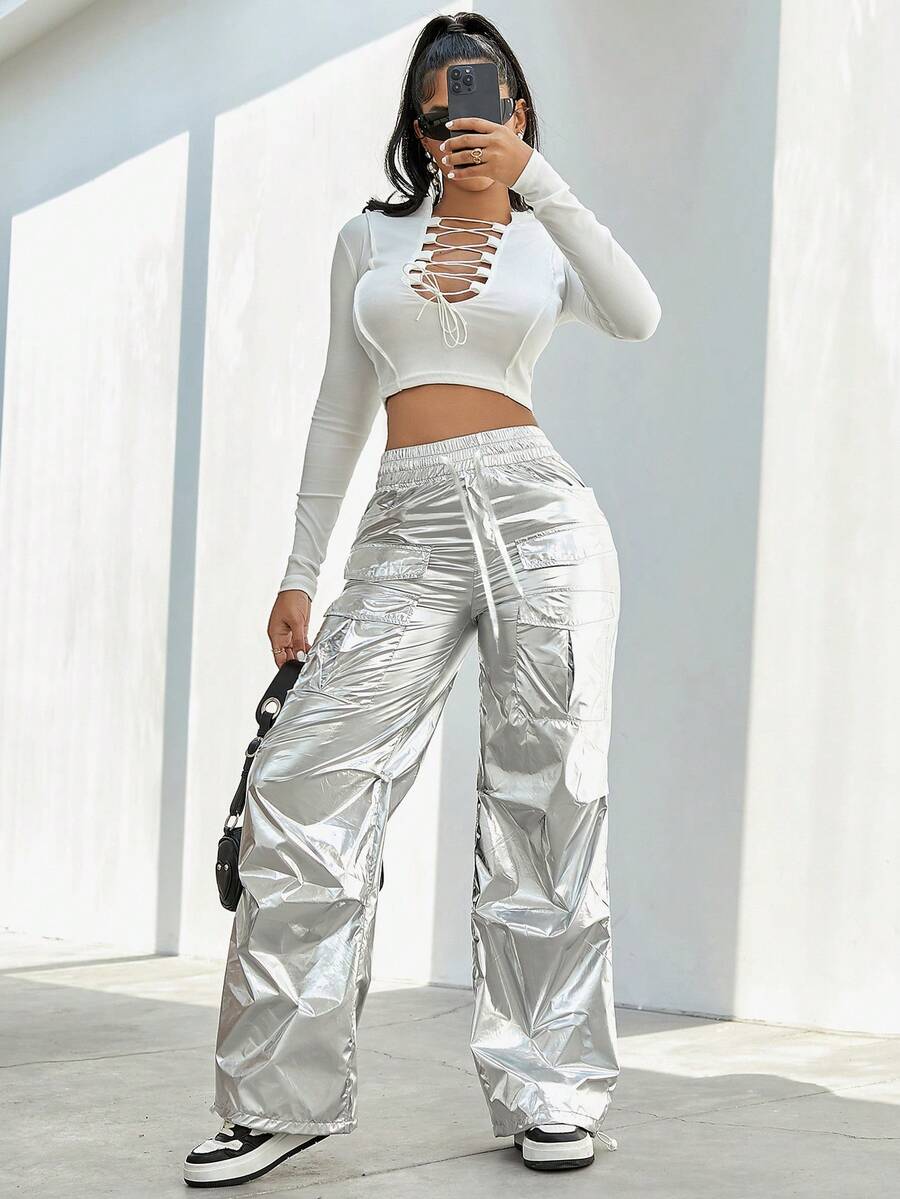 街頭口袋前拉繩金屬貨物降落傘褲