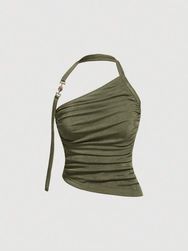 SHEIN MOD Women's Ruched Asymmetrical Halter Neck Tank Top