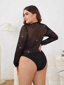 SHEIN Privé Plus Size Women Valentine's Rhinestone Studded Sweetheart Neck Bodysuit - Black - View 2
