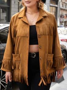 RueChic Plus Fringe Trim Dual Pocket Suedette Jacket - Beige - View 1