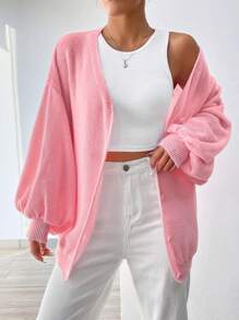 SHEIN Unity 寬鬆休閒燈笼袖針織外套 - 粉色 - 查看 1