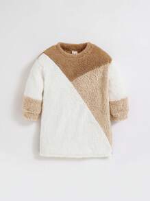 女嬰休閒拼色圓領保暖襯裡長袖連身裙 - 卡其色 - 查看 1