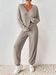 SHEIN Frenchy 女用羅紋v領落肩長袖t卹+褲子兩件套 - 卡其色 - 查看 4