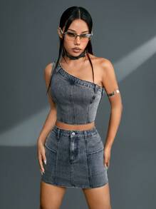 SHEINNeu Conjunto De Short De Hombro Descubierto Con Top De Mezclilla Corto Y Mini Falda De Mezclilla - Azul - Ver 7