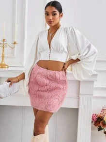 SHEIN Privé 3d Flower Embellished High Waist Straight Skirt - Coral Pink - View 4