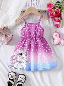 SHEIN 女婴星星独角兽印花无袖连衣裙 - 彩色 - 查看 1