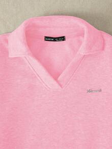 SHEIN Unity 女字母圖案金屬拼布翻領套頭衫 - 粉色 - 查看 3