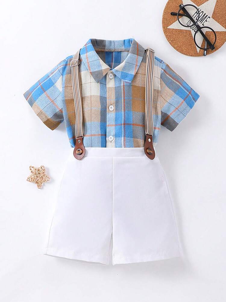 Boys' (Toddler/Little Kid) Plaid Shirt And Suspender Pants Set