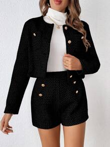 SHEIN Frenchy Women's Single Breasted Long Sleeve Jacket And Shorts Set Winter Elegant Black Spring - Black - View 3