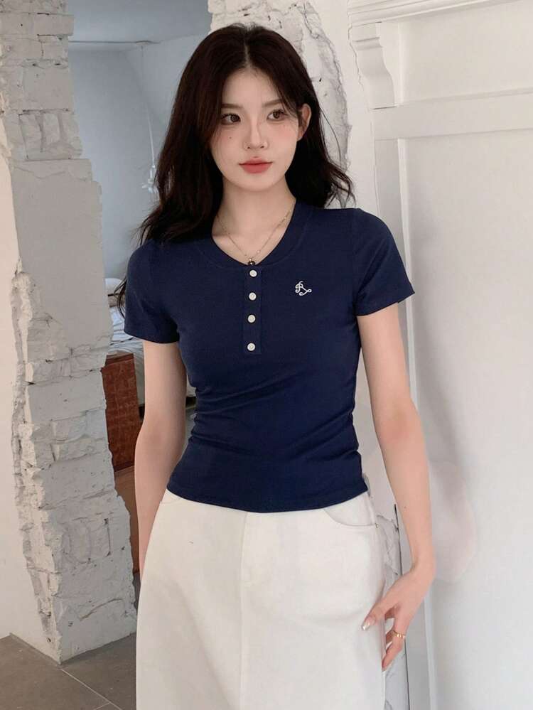Women's Embroidery Detail Ribbed Knit T-Shirt Summer,Back To School Clothes