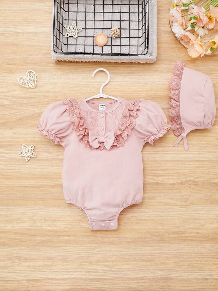 Baby Girls' Casual Knitted Patchwork Lace Trim Short Sleeve Bodysuit With Hat, Summer