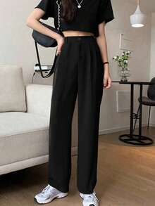 素色直筒西裝褲 - 黑色 - 查看 5