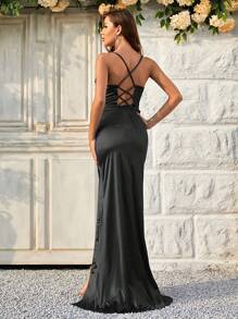 Vestido de fiesta elegante negro de noche con abertura lateral fruncida, formal, para graduación, cena - Negro - Ver 2