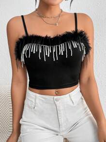 Zolique Women Tank Tops & Camis Kontras Faux Fur Plain Casual Pesta - Hitam - View 6